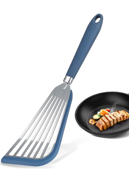 Yapışmaz Tencere Için Friekylin Silikon Balık Spatula, Kızarmış Yumurta Burger Biftek Pişirmek Için Isıya Dayanıklı Oluklu Spatula Turner (Mavi) (Yurt Dışından)