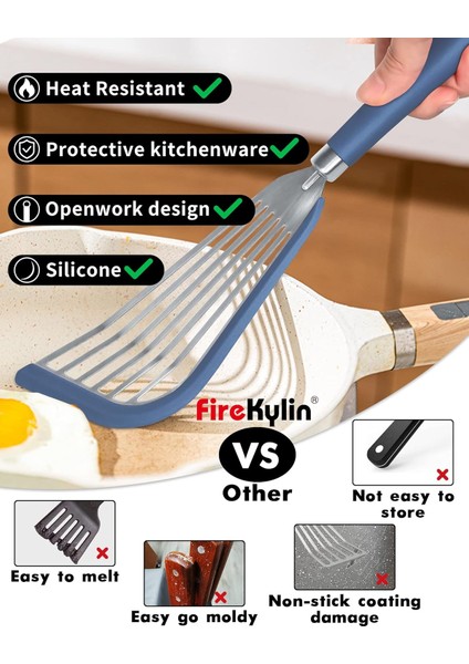 Yapışmaz Tencere Için Friekylin Silikon Balık Spatula, Kızarmış Yumurta Burger Biftek Pişirmek Için Isıya Dayanıklı Oluklu Spatula Turner (Mavi) (Yurt Dışından)