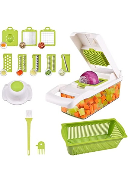Sebze Doğrayıcı Dicer 14'ü 1 Arada 7 Bıçaklı Sebze Doğrayıcı Konteynerli Soğan Kesici Mutfak Için Mandoline Dilimleyici Yumurta Peynir Meyve Salatası Patates Havuç Sarımsak (Beyaz) (Yurt Dışından)