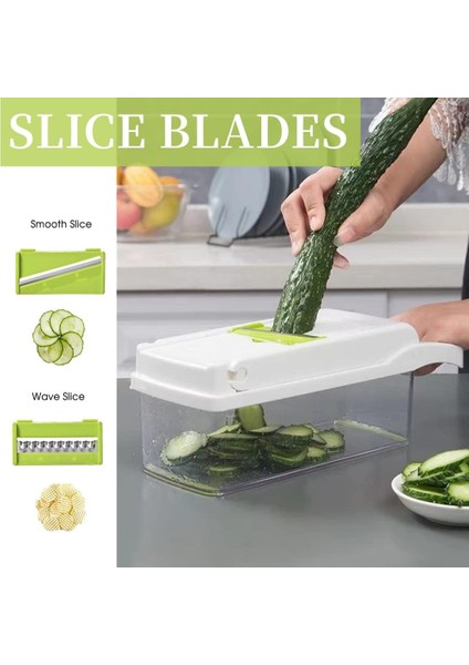Sebze Doğrayıcı Dicer 14'ü 1 Arada 7 Bıçaklı Sebze Doğrayıcı Konteynerli Soğan Kesici Mutfak Için Mandoline Dilimleyici Yumurta Peynir Meyve Salatası Patates Havuç Sarımsak (Beyaz) (Yurt Dışından)