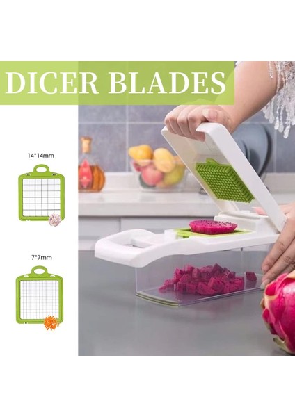 Sebze Doğrayıcı Dicer 14'ü 1 Arada 7 Bıçaklı Sebze Doğrayıcı Konteynerli Soğan Kesici Mutfak Için Mandoline Dilimleyici Yumurta Peynir Meyve Salatası Patates Havuç Sarımsak (Beyaz) (Yurt Dışından)