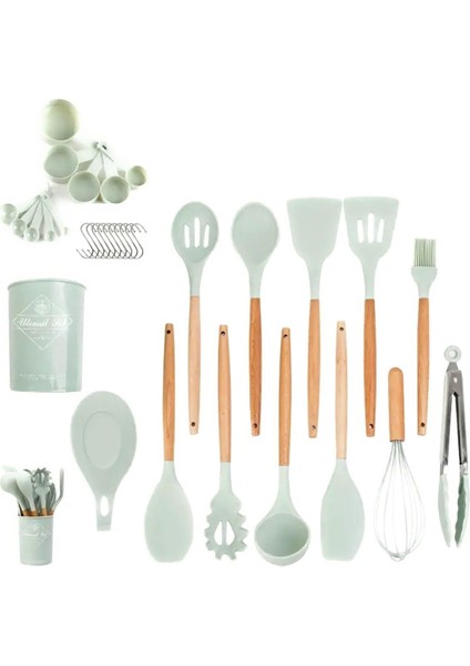 33 Pcs Mutfak Gereçleri Seti, Kikcoin Ahşap Saplı Silikon Pişirme Gereçleri Tutuculu Set, Spatula Yapışmaz Tencere Için Silikon Isıya Dayanıklı Pişirme Aletleri (Zeytin Yeşili) (Yurt Dışından)