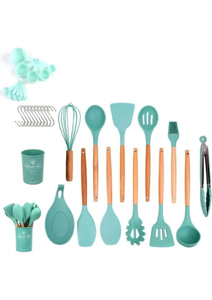 33 Pcs Mutfak Gereçleri Seti, Kikcoin Ahşap Saplı Silikon Pişirme Gereçleri Tutuculu Set, Spatula Yapışmaz Tencere Için Silikon Isıya Dayanıklı Pişirme Aletleri (Mavi) (Yurt Dışından)