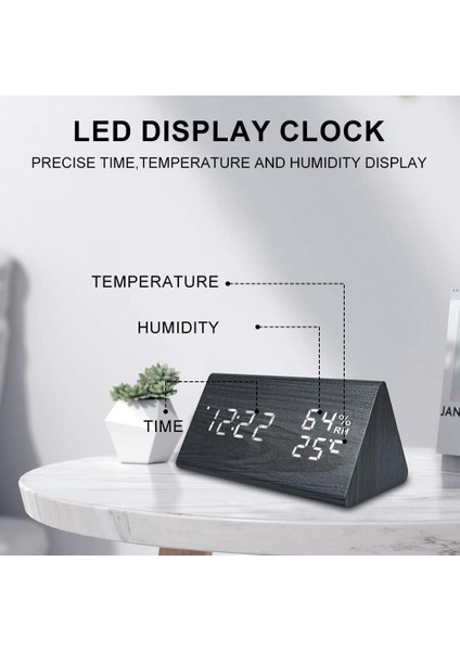 Elektronik LED Zaman Göstergeli, Nem ve Sıcaklık Algılamalı Yatak Odaları Için Ahşap Dijital Çalar Saatler (Siyah Üçgen) (Yurt Dışından) modelleri
