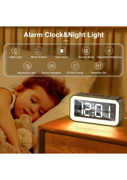 Yatak Odaları Için Dijital Çalar Saat, Gece Işıklı Dijital Saat %0-100 Ayarlanabilir Parlaklık Ayna LED Ses Etkinleştirme Kapanma Belleği 12/24SAAT Erteleme Çocuklar Için USB Bağla (Yurt Dışından)