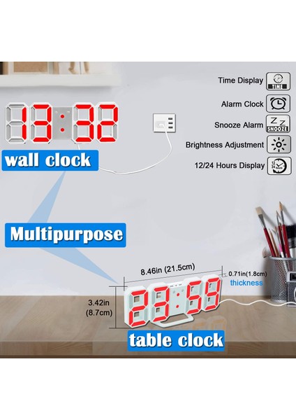 3D LED Dijital Çalar Saat, 8.4-U201D Masa ve Duvar Saatleri Ayarlanabilir Parlaklık, 12-24SAAT, Erteleme, Yatak Odası Ofis Ev Oturma Odası Için Masa Çalar Saati (Beyaz-kırmızı) (Yurt Dışından) fırsatları