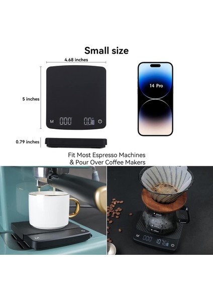 Espresso ve Kahve Üzerine Dökme Zamanlayıcılı Mini Kahve Terazisi, 2kg/0,1g, Su Geçirmez Yüzey, Şarj Edilebilir, Otomatik Zamanlayıcılı, Dara Fonksiyonlu, LED Ekran (Yurt Dışından)
