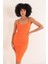 Triko Kumaş Broşlu Midi Kadın Elbise-Oranj 4
