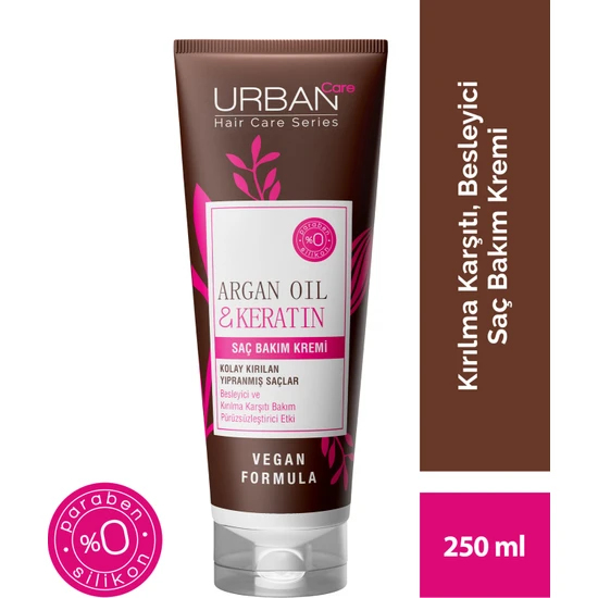 URBAN Care Argan Yağı&Keratin Kolay Kırılan Yıpranmış Saçlara Özel Saç Bakım Kremi-Vegan-250ML