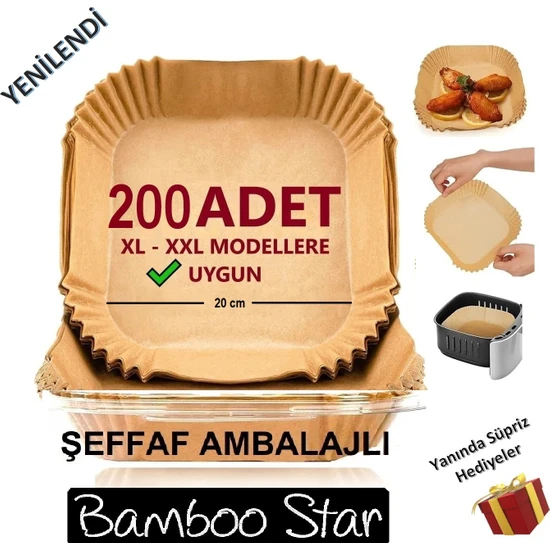 Bamboo Star Airfryer Pişirme Kağıdı Xl-Xxl Büyük Boy  Kare 200 Adet Hava Fritöz Parşömen Kağıdı Fırın Kağıdı Tek Kullanımlık Hava Fritöz Kağıt Fırın Sıcak Hava Fritöz Pişirme Kızartma Tavası Için Uygun 20CM