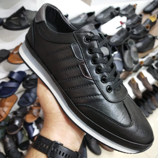 Elevold Deri Siyah Renk +6Cm Boy Uzatan Gizli Topuklu Spor Ayakkabı Erkek Sneaker