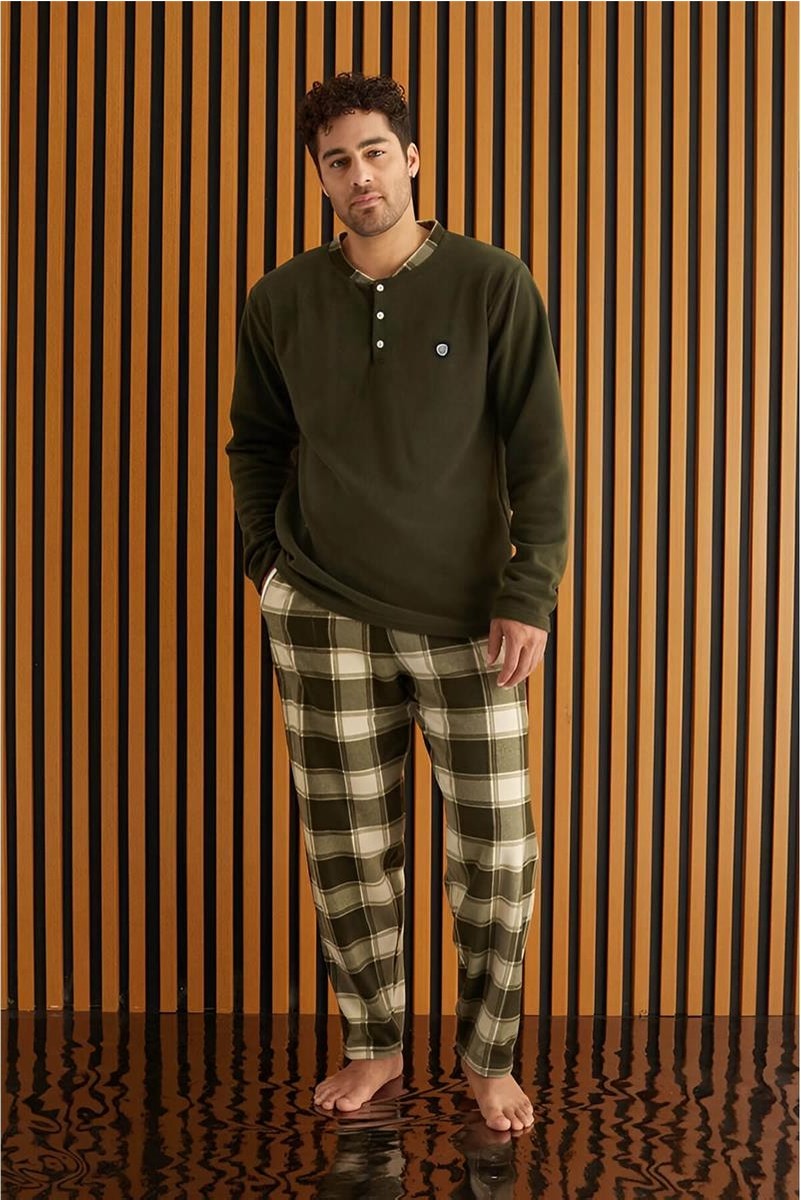 Pijama Evi Yeşil Beyaz Ekose Desenli Polar Erkek Pijama Takımı Regular Siluete Sahip görsel 5