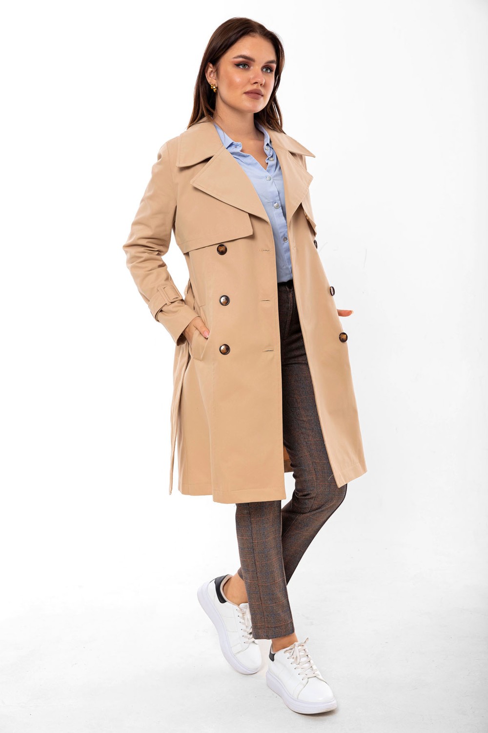 Pastelastore %100 Pamuk Gabardin Midi (95CM) Astarlı Kemerli Kadın Trençkot 1113