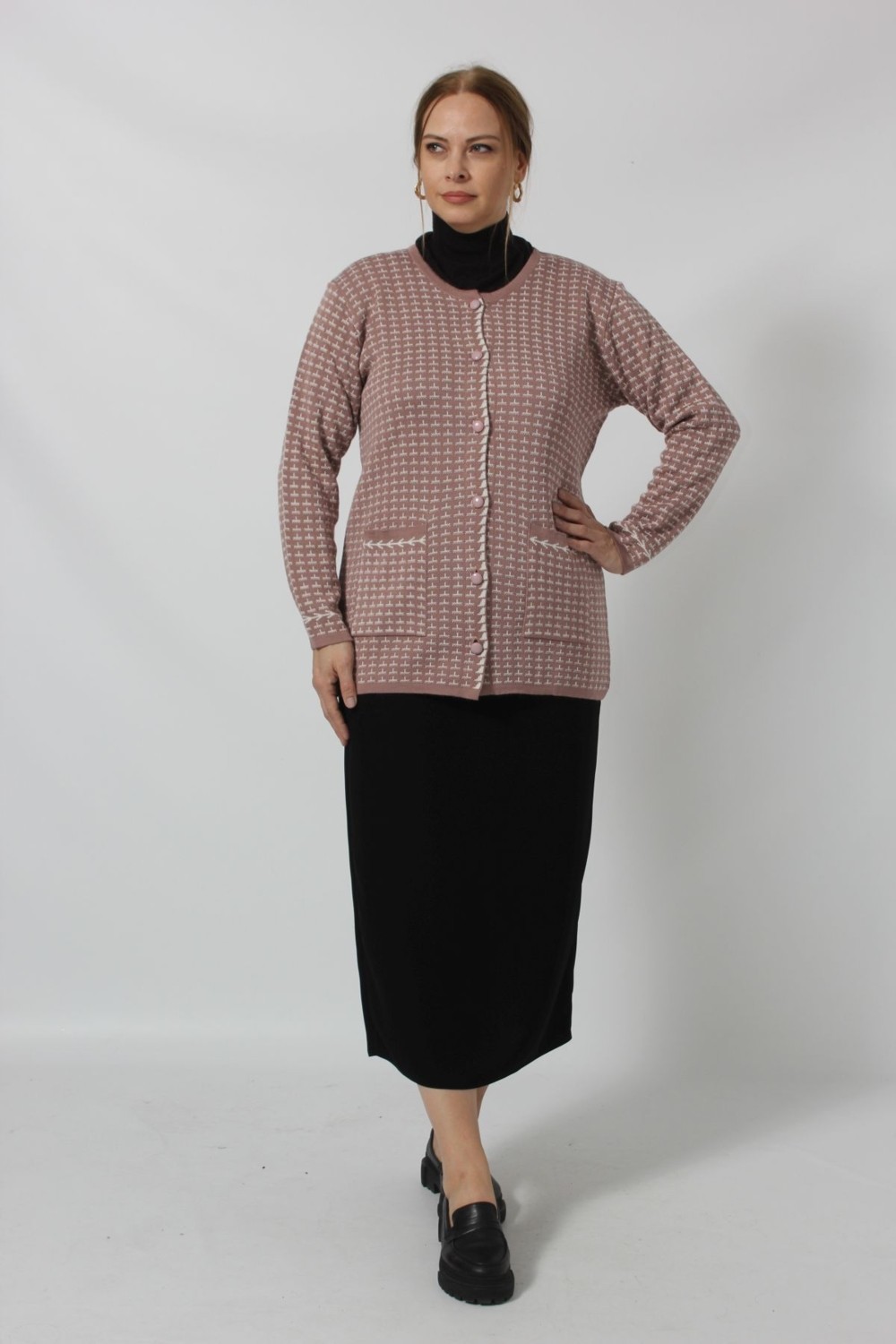 Moda Berray Y0667 Kadın Pudra-Beyaz Kareli Desenli Düğmeli Cepli Mevsimlik Anne Hırkası görsel 3