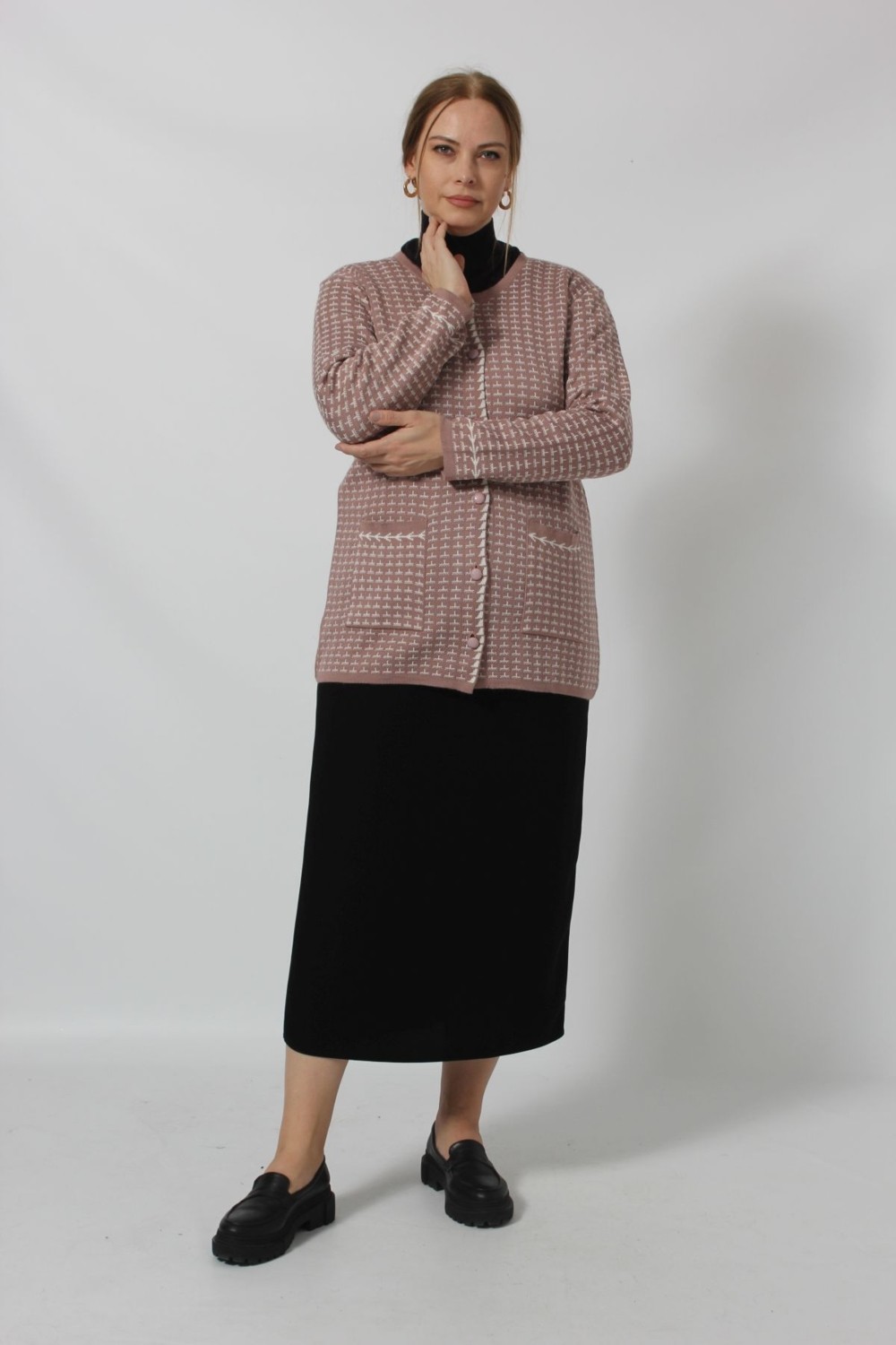 Moda Berray Y0667 Kadın Pudra-Beyaz Kareli Desenli Düğmeli Cepli Mevsimlik Anne Hırkası görsel 4