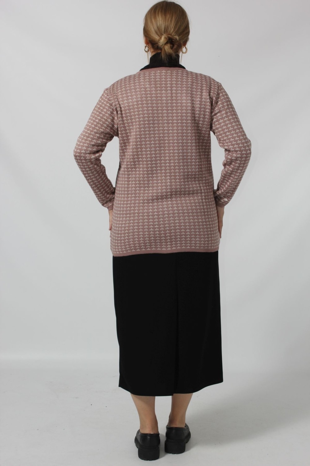Moda Berray Y0667 Kadın Pudra-Beyaz Kareli Desenli Düğmeli Cepli Mevsimlik Anne Hırkası görsel 5