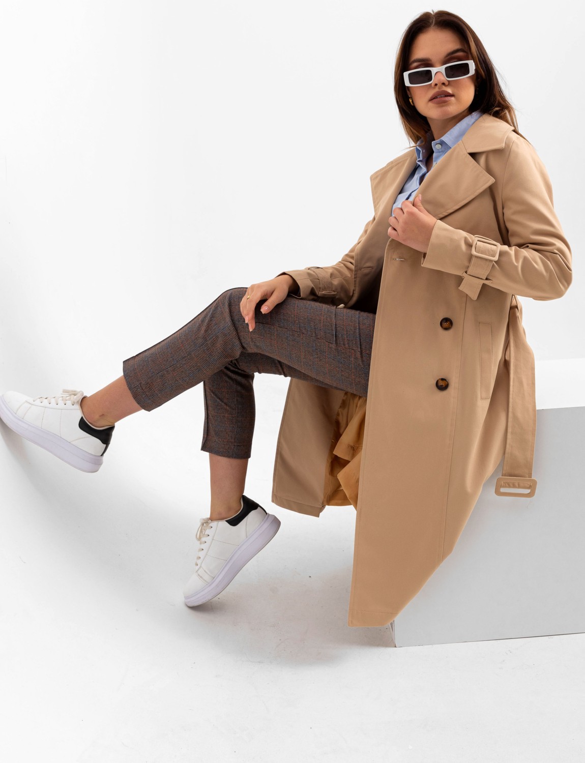 Pastelastore %100 Pamuk Gabardin Uzun (110CM) Astarlı Kemerli Kadın Trençkot 1111