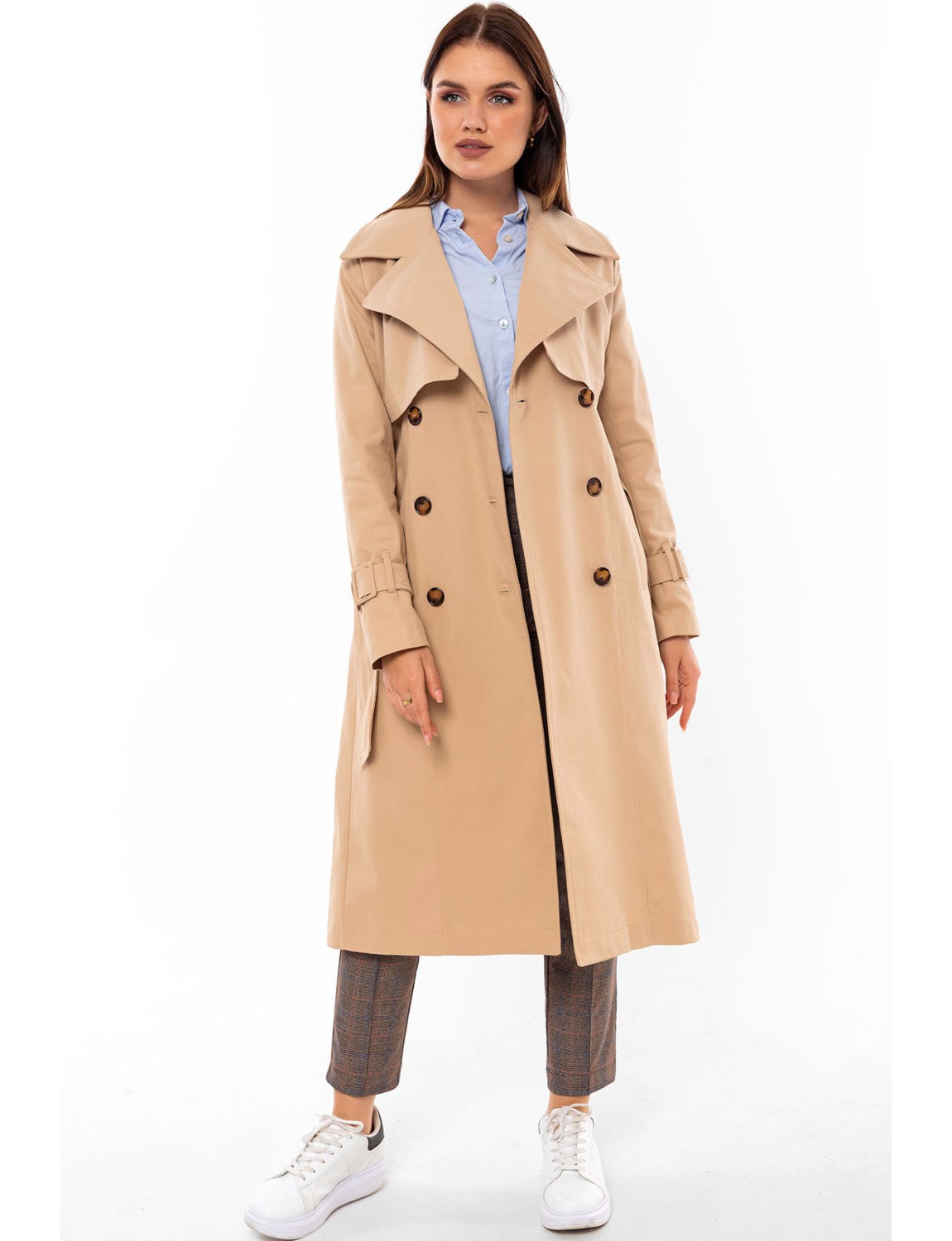 Pastelastore %100 Pamuk Gabardin Uzun (110CM) Astarlı Kemerli Kadın Trençkot 1111 görsel 2