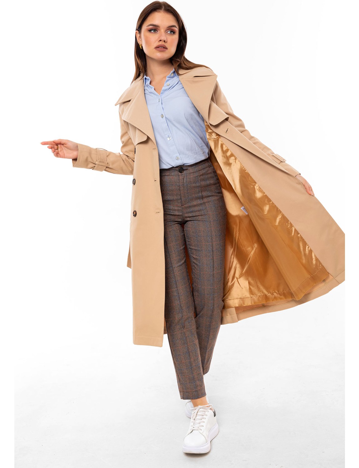 Pastelastore %100 Pamuk Gabardin Uzun (110CM) Astarlı Kemerli Kadın Trençkot 1111 görsel 3
