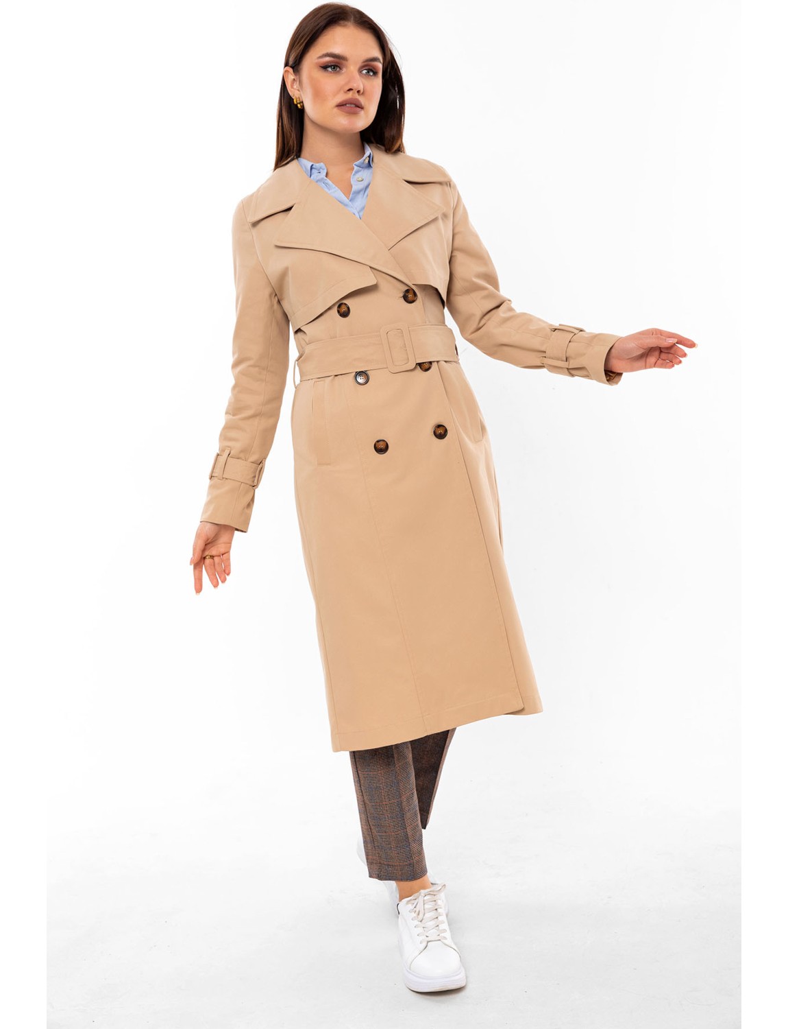 Pastelastore %100 Pamuk Gabardin Uzun (110CM) Astarlı Kemerli Kadın Trençkot 1111 görsel 5