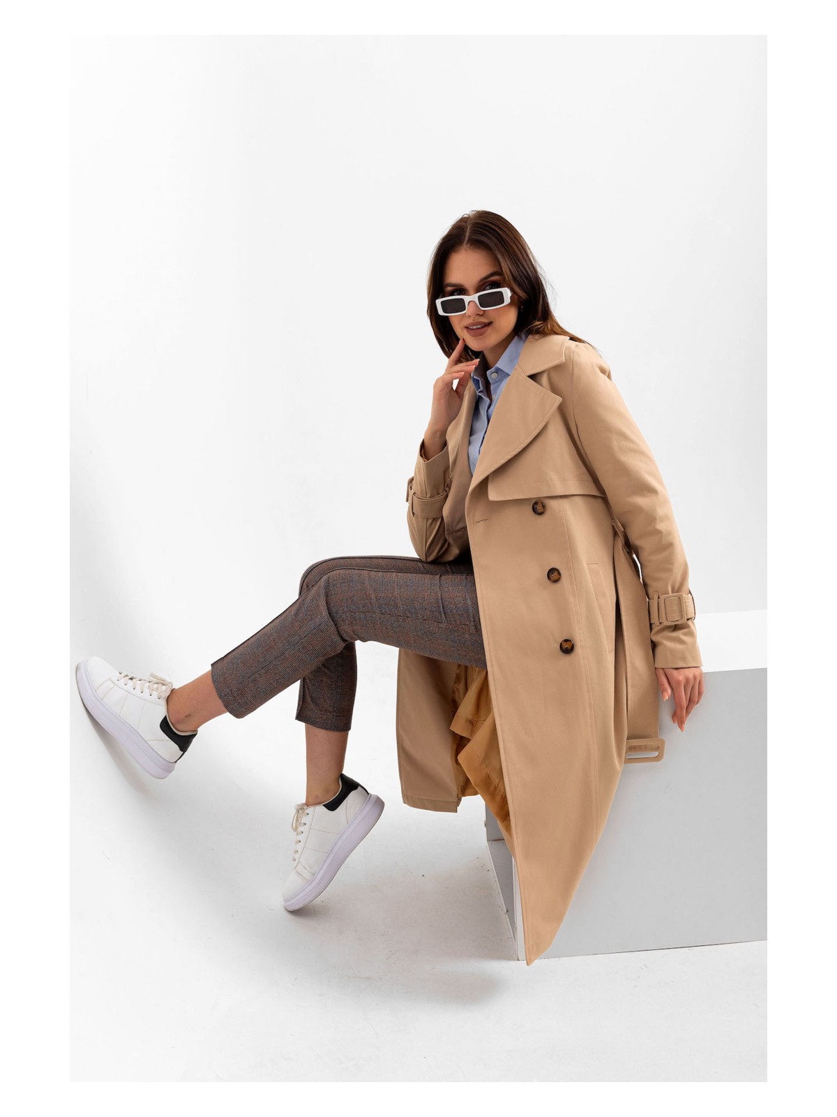 Pastelastore %100 Pamuk Gabardin Uzun (110CM) Astarlı Kemerli Kadın Trençkot 1111 - Görsel 3