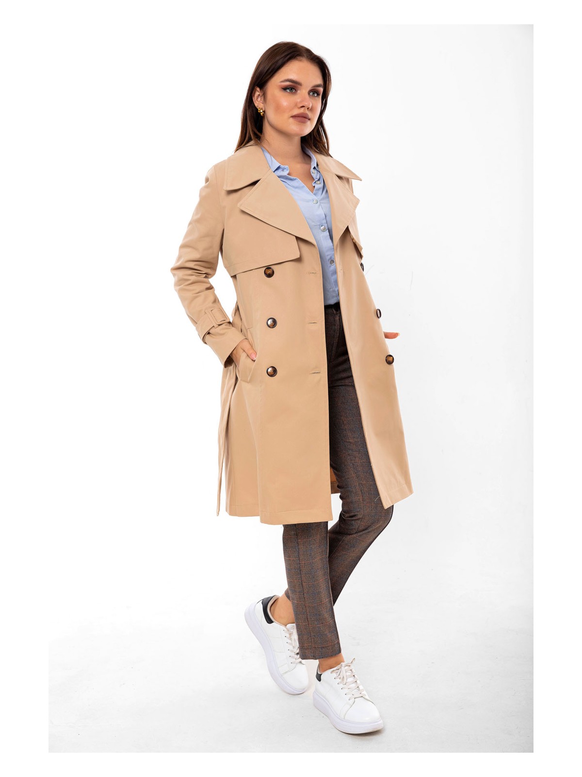 Pastelastore %100 Pamuk Gabardin Midi (95CM) Astarlı Kemerli Kadın Trençkot 1113 - Görsel 6