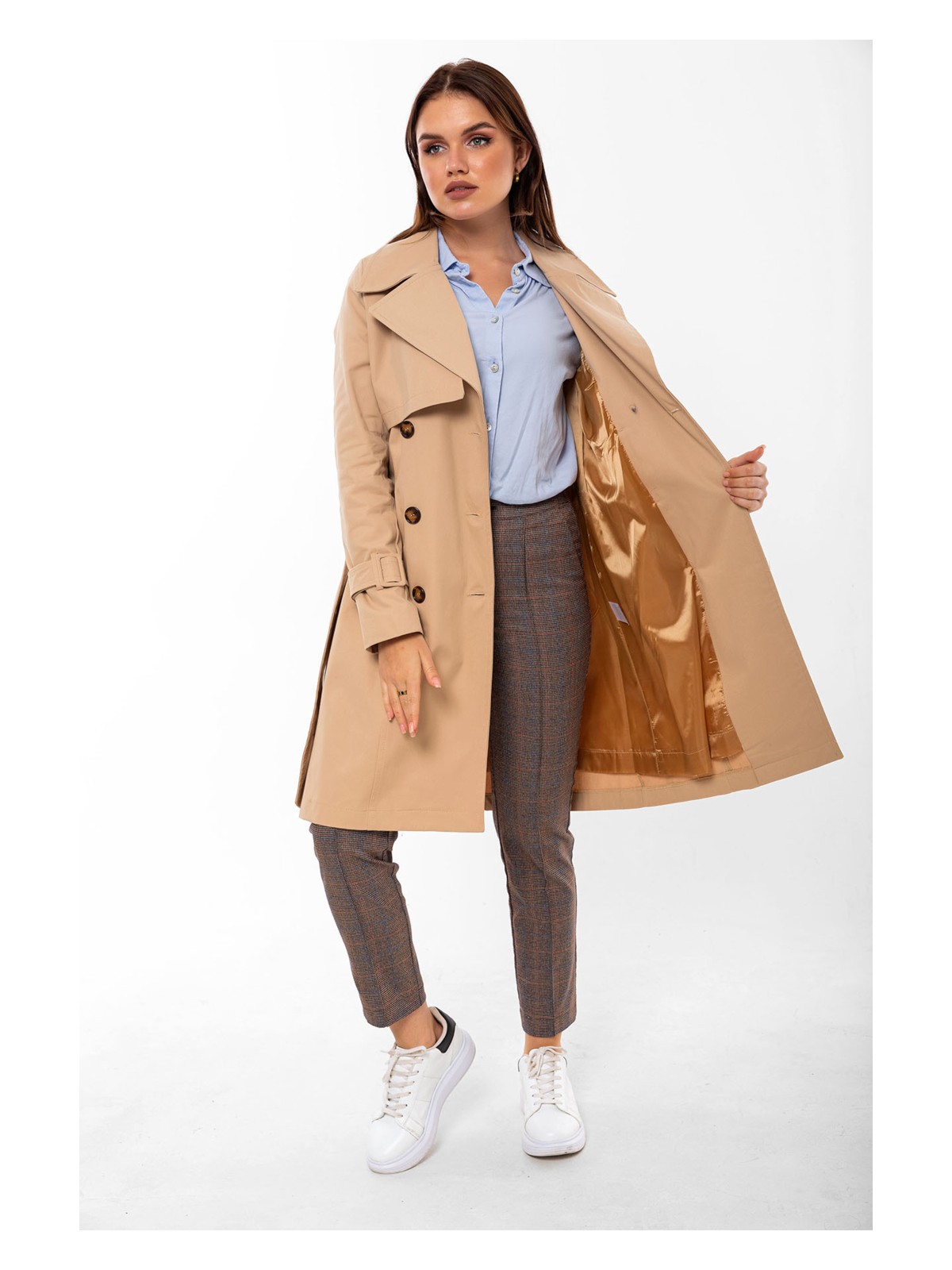 Pastelastore Pamuk Gabardin Midi (95CM) Astarlı Kemerli Kadın Trençkot 1113 - Görsel 6