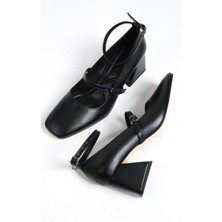 Modabuymus Kulia Siyah Mat Mary Jane Küt Burun Bantlı Ayakkabı