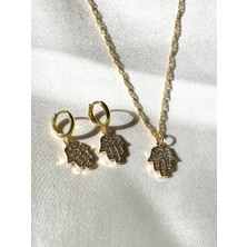 Soiestore Zirkon Taşlı Fatma Ana Eli Kolye Küpe Takı Seti  Altın Kaplama