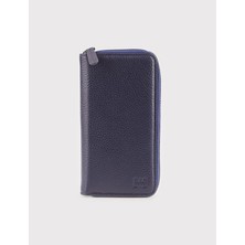 Hakiki Deri Fermuarlı Telefon Bölmeli Lacivert Cüzdan
