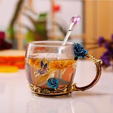 Wangchuang Kırmızı Kısa Kaşık Emaye Kahve Çay Bardağı Kupa 3D Gül Kelebek Cam Bardak Düğün Hediyesi Çiçek Çay Bardağı Yüksek Dereceli Cam Drinkware Çift Kupa Re (Yurt Dışından)