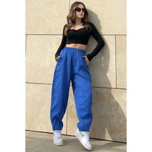 New Laviva Kadın Saks Yüksek Bel, Cepli, Beli Lastikli, Salaş Gabardin Pantolon