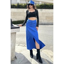 New Laviva Kadın Saks Önü Yarım Yırtmaçlı, Yüksek Bel, Cepli Uzun Gabardin Etek