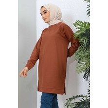 İmaj Butik Kahverengi Yırtmaçlı Iki Iplik Tunik
