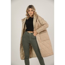 Nisay Boutique Bej Oversize Kapüşonlu  Kapitone Mont