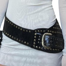 Fsfeng Harajuku Y2K Pu Deri Kemer Kadın Perçin Metal Halka Tokalı Kemer Grommet Geniş Bel Kemeri Vintage Aksesuarları (Yurt Dışından)