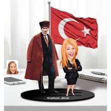 Bk Gift Kişiye Özel Atatürk ve Kadın(Erkek) Öğretmen Temalı 2 Katmanlı Karikatürlü Ahşap Biblo- 2, Öğretmene Hediye, Öğretmenler Günü, 100. Yıl Hediyesi