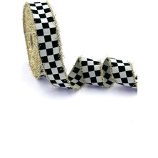 Fantastic Dama Desen/ekose Altın Simli Saçaklı Yılbaşı Kurdelesi (3cm Genişlik - 10MT Uzunluk)