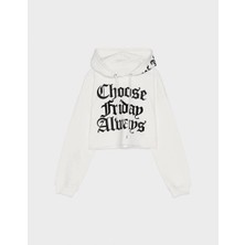 Şahika Gürkan To The Moon & Sun Sloganlı Crop Beyaz Sweatshirt