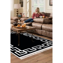 Dekoreko Dijital Salon Halısı Yıldız Deri Kaymaz Taban Saçaklı Modern Constance Siyah