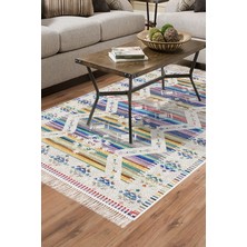 Dekoreko Dijital Salon Halısı Yıldız Deri Kaymaz Taban Saçaklı Iskandinav Queen Renkli