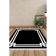 Dekoreko Dijital Salon Halısı Yıldız Deri Kaymaz Taban Saçaklı Modern Jaz Siyah