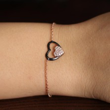 925 Ayar Gümüş Kalp Anahtar Modeli Zincir Bileklik, Pembe Siyah - Beyaz Taş