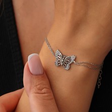 925 Ayar Gümüş Kelebek Model Bileklik, Beyaz - Beyaz Taş