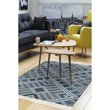 Dekoreko Dijital Salon Halısı Yıldız Deri Kaymaz Taban Saçaklı Modern Rylee Mavi