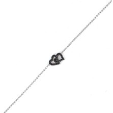 925 Ayar Gümüş Çift Kalp Modeli Zincir Bileklik, Beyaz - Siyah Taş