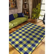 Homshtag Ekose Desenli Halı Sarı Lacivert Renk Salon Halısı Tasarım Halı Hasır Görünümlü Ekose Halı