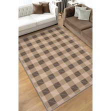 Homshtag Ekose Desenli Halı Kahve Krem Renk Salon Halısı Tasarım Halı Hasır Görünümlü Ekose Halı