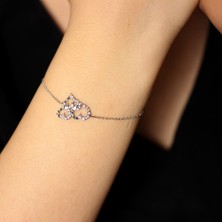 925 Ayar Gümüş Kalemli Üç Kalp Modeli Zincir Bileklik, Beyaz - Beyaz Taş