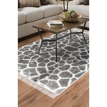 Dekoreko Dijital Salon Halısı Yıldız Deri Kaymaz Taban Saçaklı Modern Cherry Gri